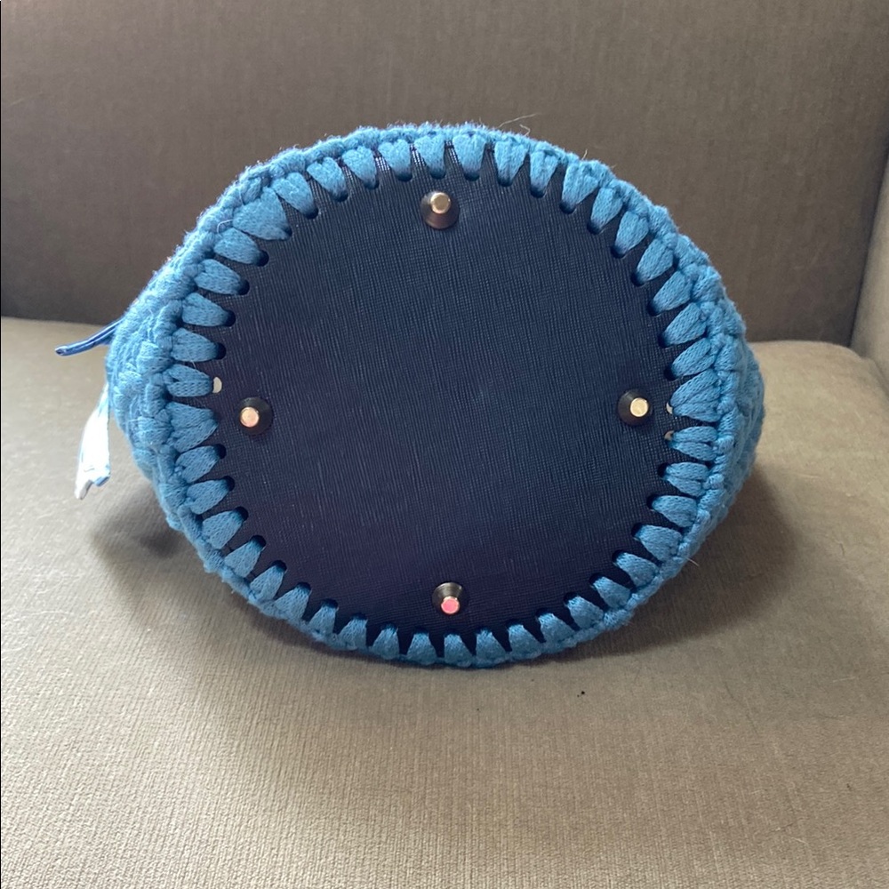 Blue Satchel with Wooden Handles and Textured Design - Picture 2 of 4
